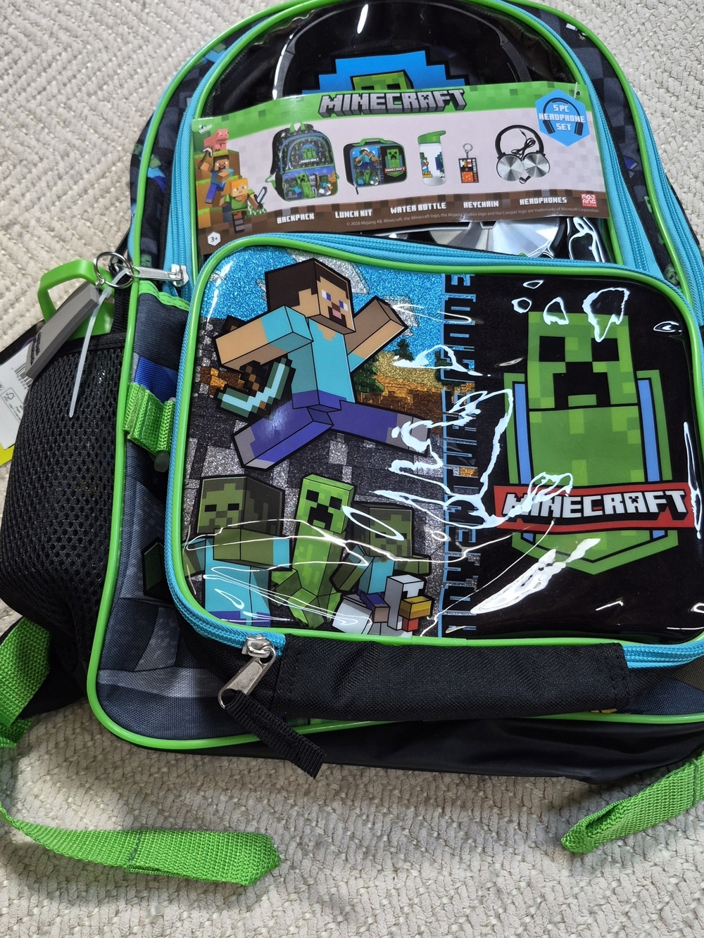 Minecraft Boys Green & Blue Backpack - Kids School Bag With Extras